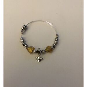 New Trendy Silver Fleur De Lis Beaded & Expandable Wire Bangle Bracelet